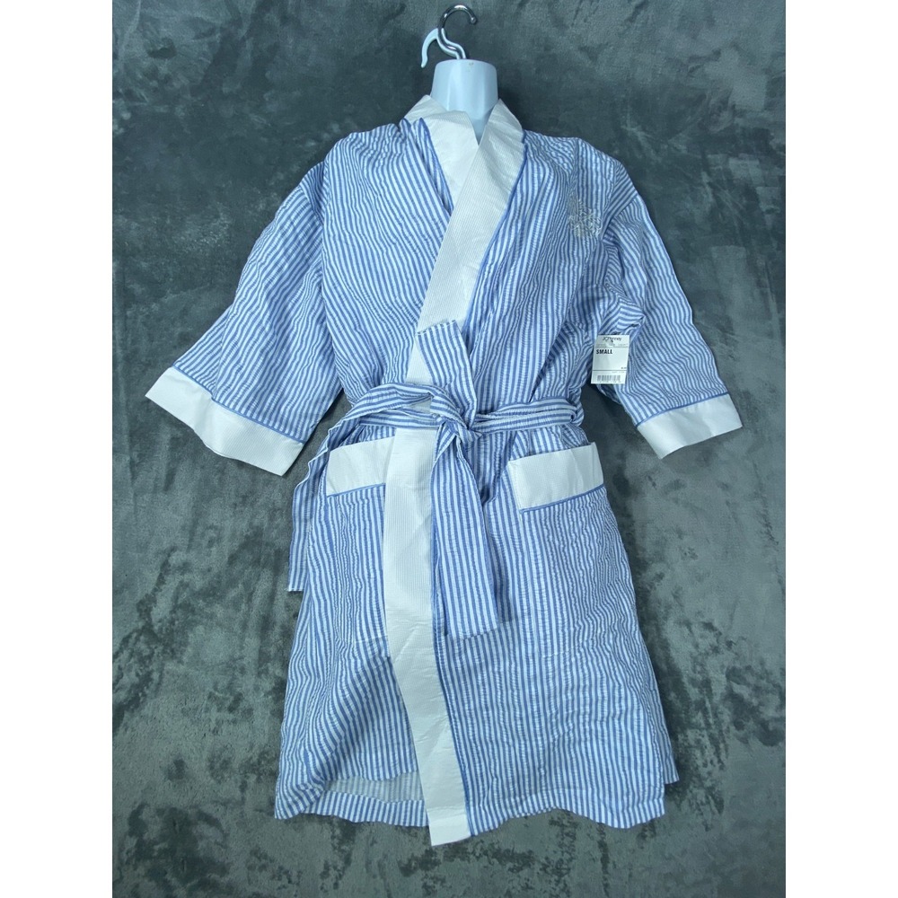 Stan Herman Signature II Seersucker Robe Womens Small Blue Belted Cottage Farm